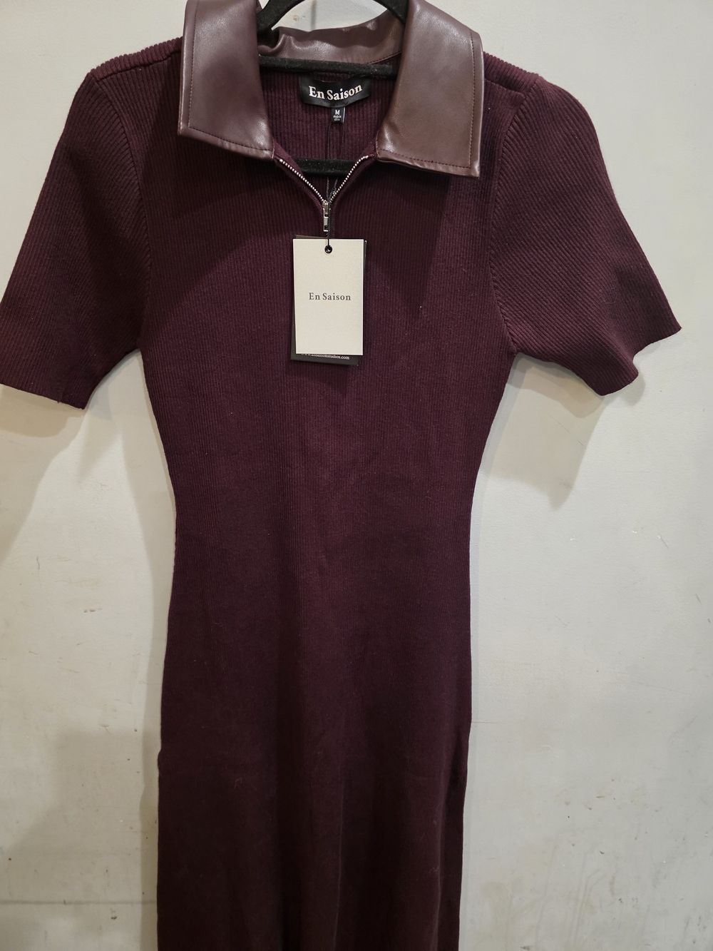 En Saison Burgundy Midi Dress with Dark Leather Collar